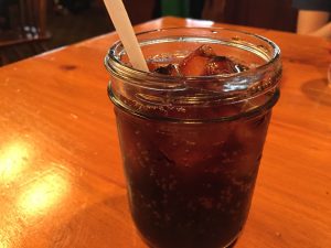 Soft drinks served in a Mason Jar at the Machine Shed Restaurant in Rockford, Illinois 